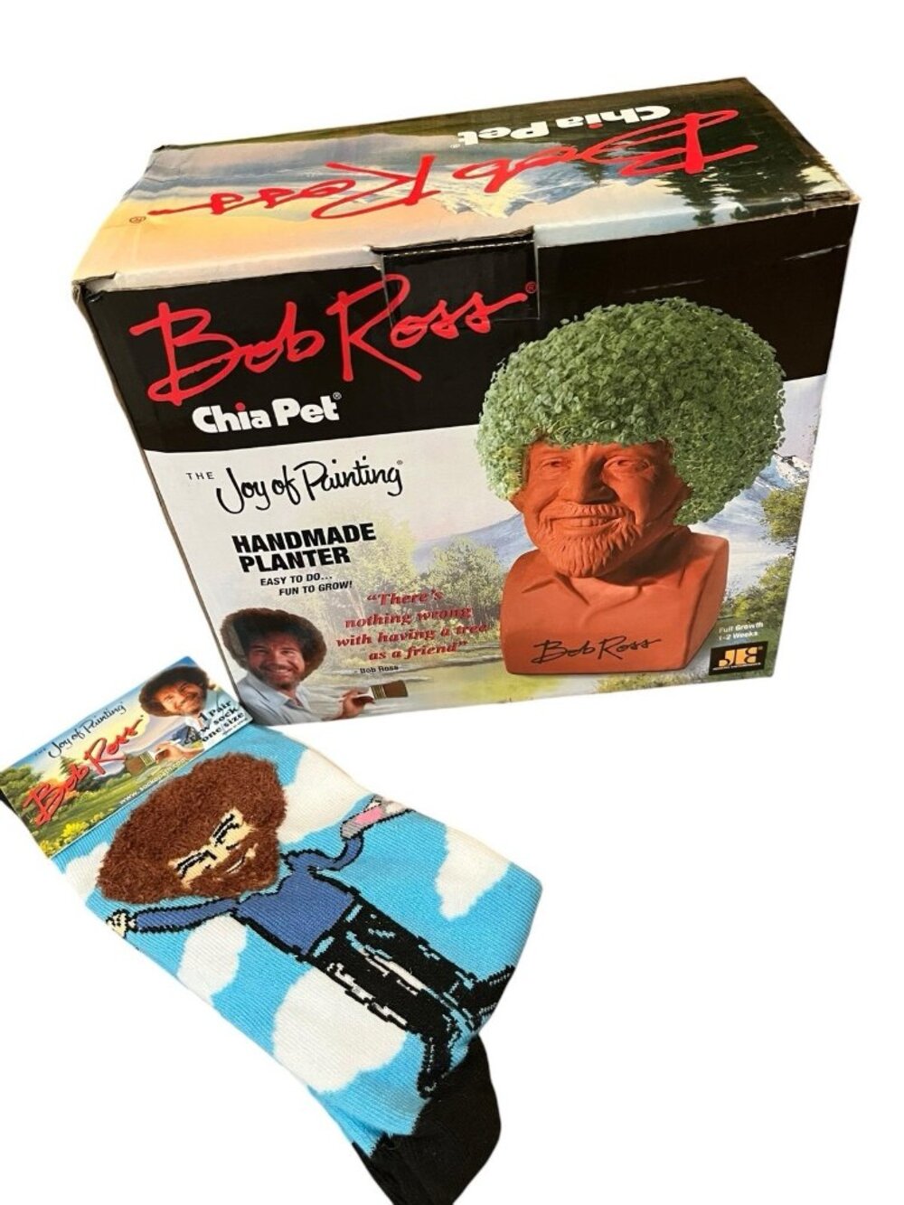 Bob Ross Chia Pet Planter The Joy of Painting One Size Socks Happy Clouds New